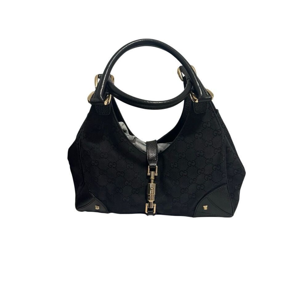 Gucci Black GG Jacquard Jackie Shoulder Bag with Gold Piston Lock